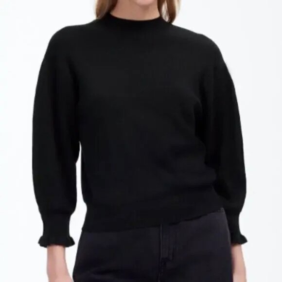 Madewell Sweater Womens Merino Wool Ruffle Puff Sleeve‎ Mockneck Black Size XS - Picture 1 of 9